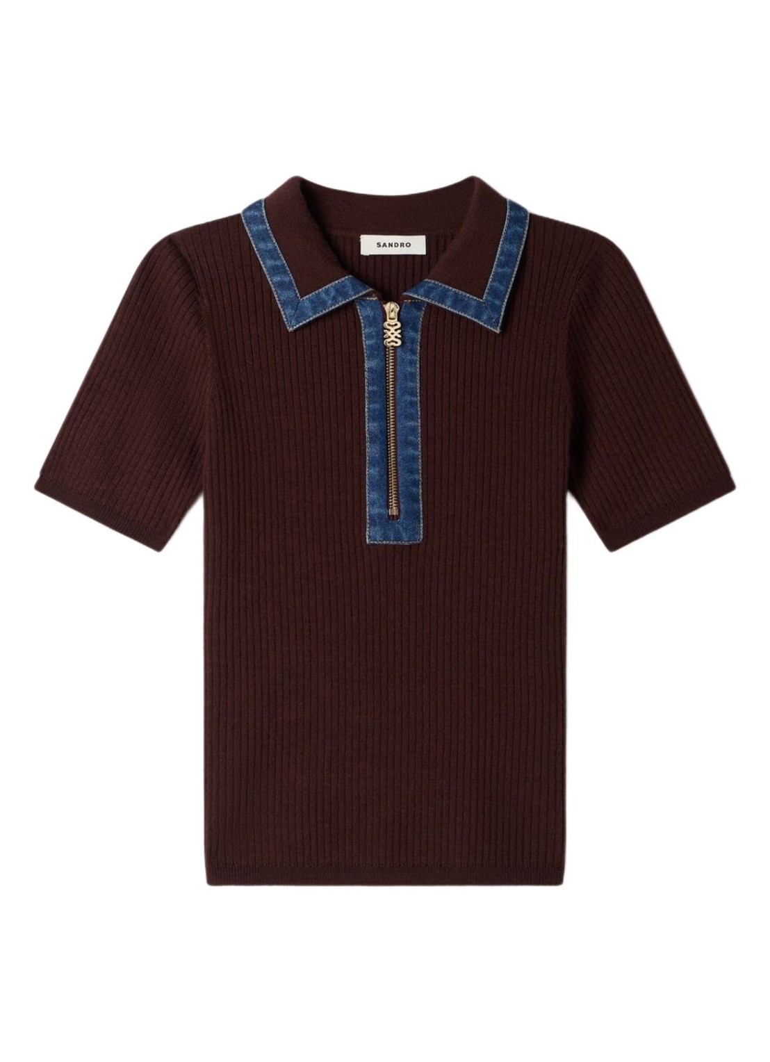 Sandro Ribgebreide top in wolblend met details van denim - voorkant bruin