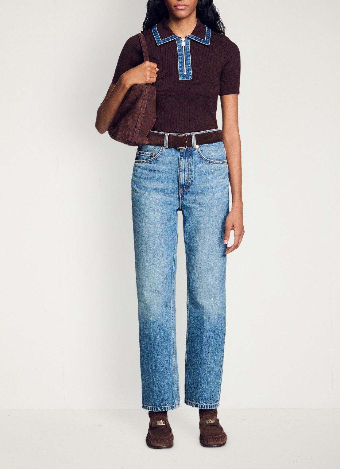 Sandro Ribgebreide top in wolblend met details van denim - voorkant 2 bruin
