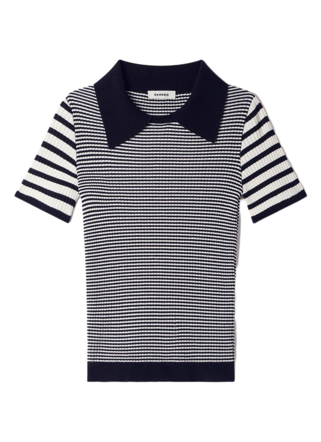 Sandro Ribgebreide top in zijdeblend met streepprint en polokraag - voorkant 4 zwart