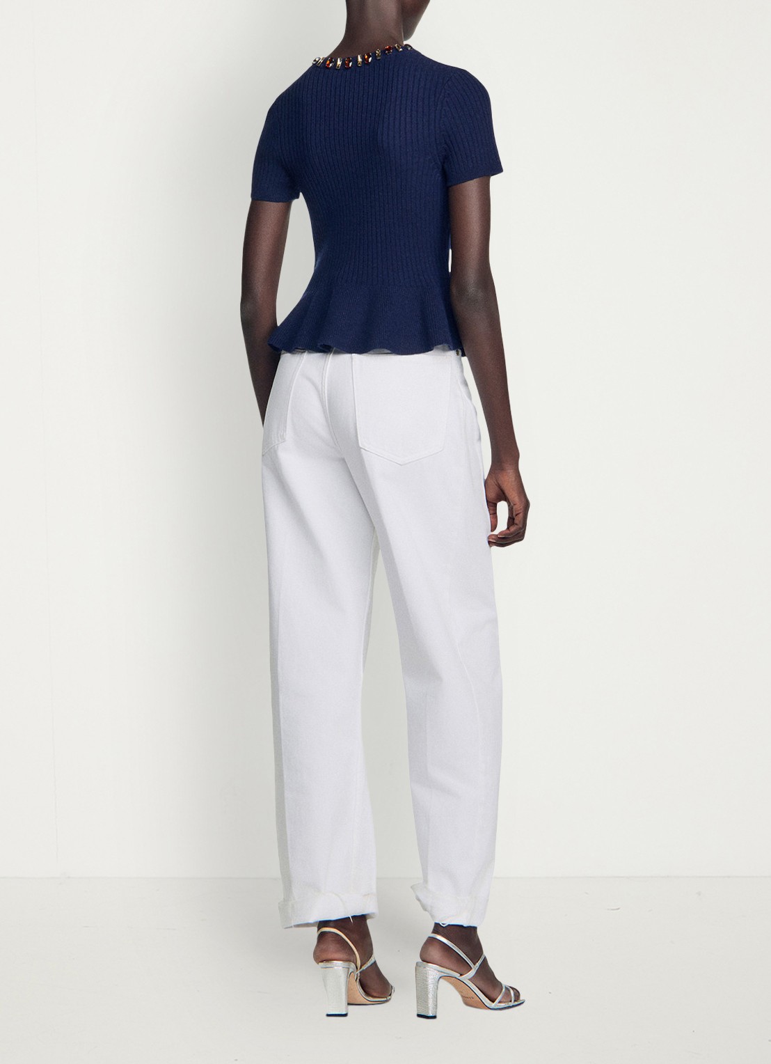 Sandro Ribgebreide trui met peplum - achterkant donkerblauw