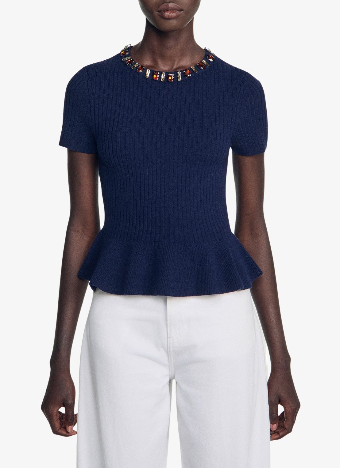 Sandro Ribgebreide trui met peplum - detail 4 donkerblauw