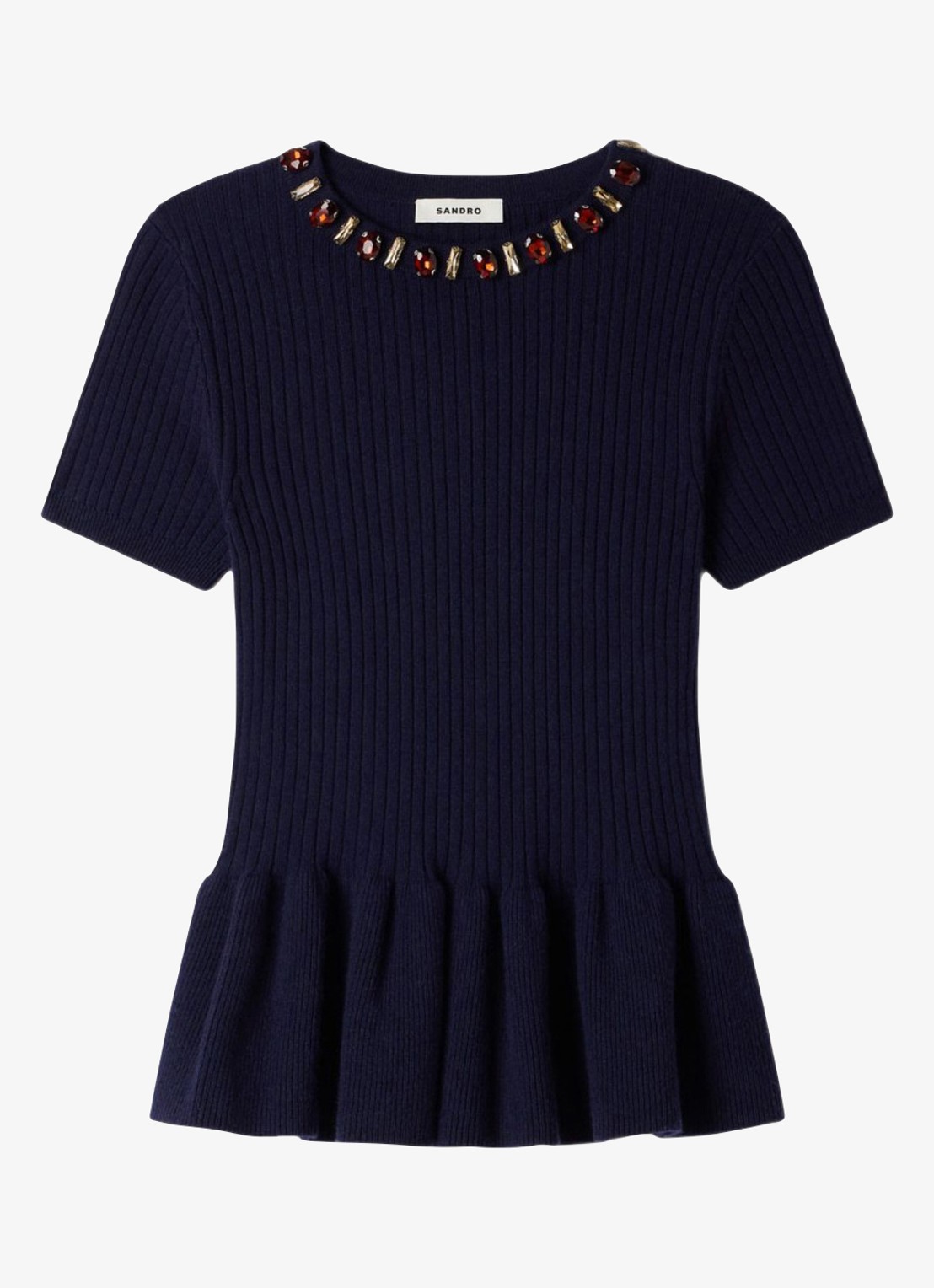 Sandro Ribgebreide trui met peplum - voorkant 2 donkerblauw