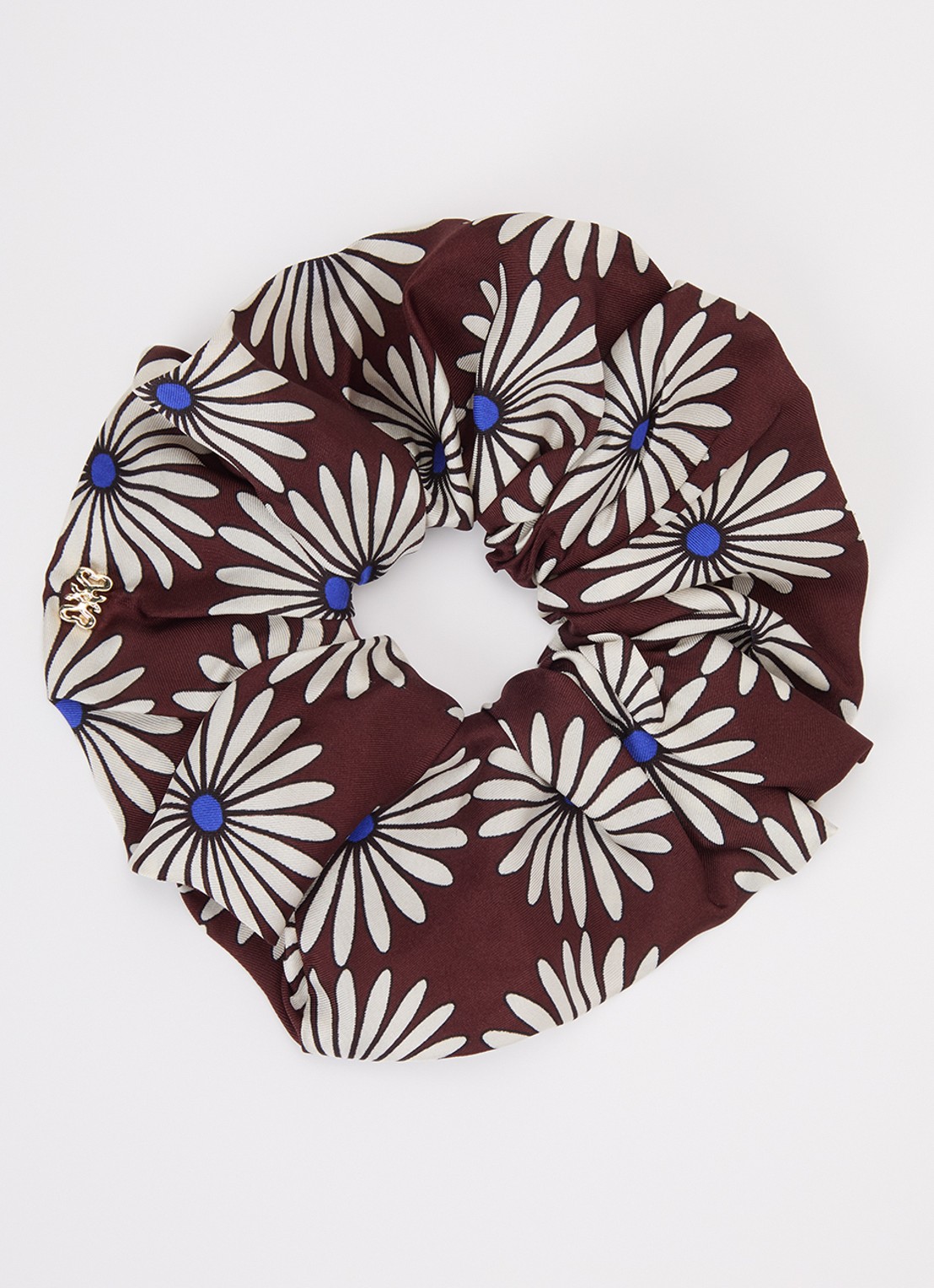 Sandro Scrunchie van zijde met bloemenprint - voorkant 2 donkerbruin