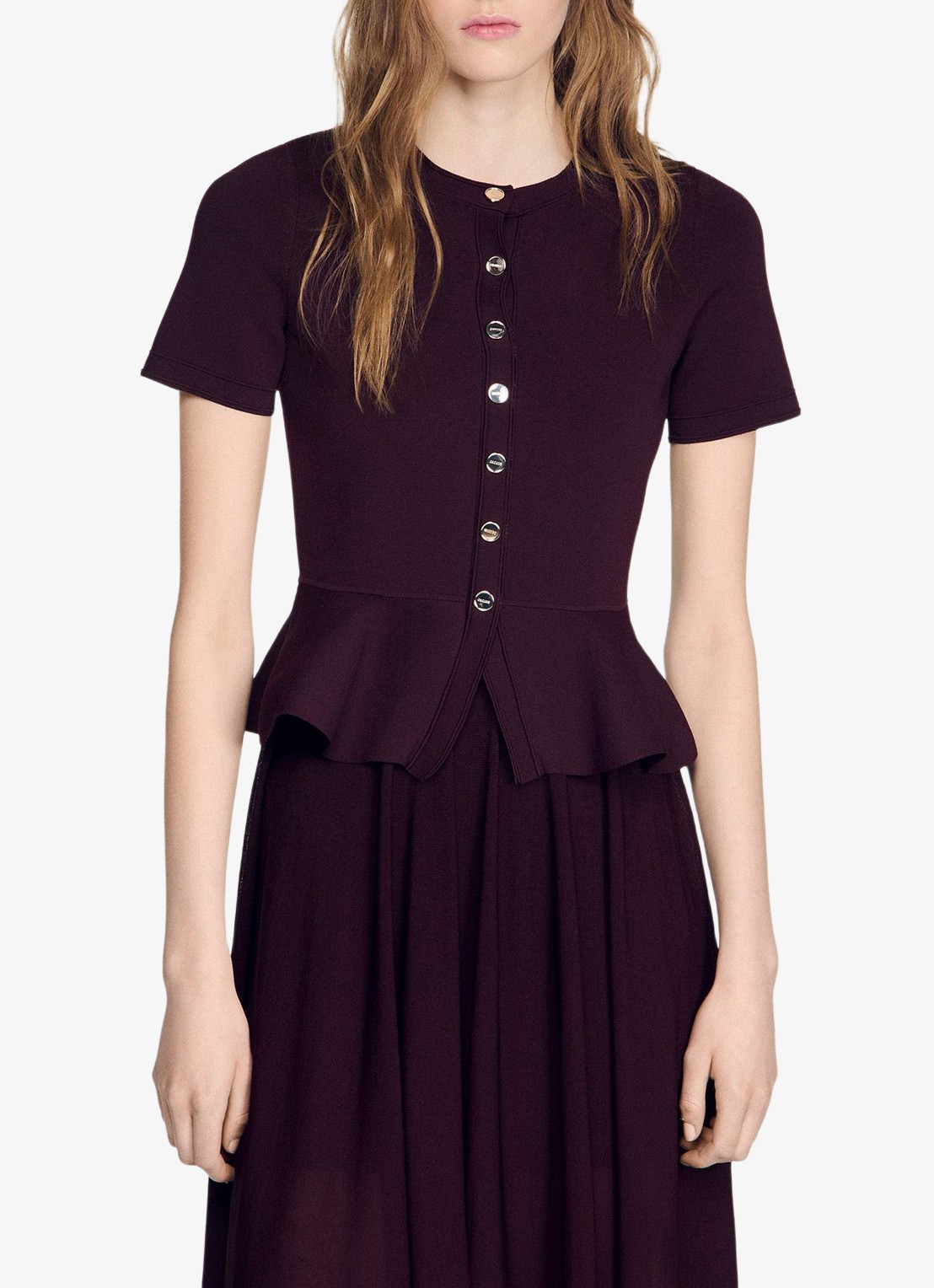 Sandro Semi-transparante midi jurk met peplum - detail bordeauxrood