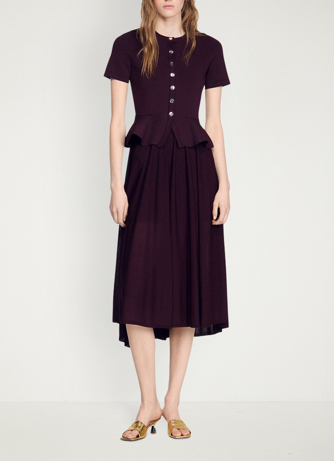 Sandro Semi-transparante midi jurk met peplum - voorkant 6 bordeauxrood
