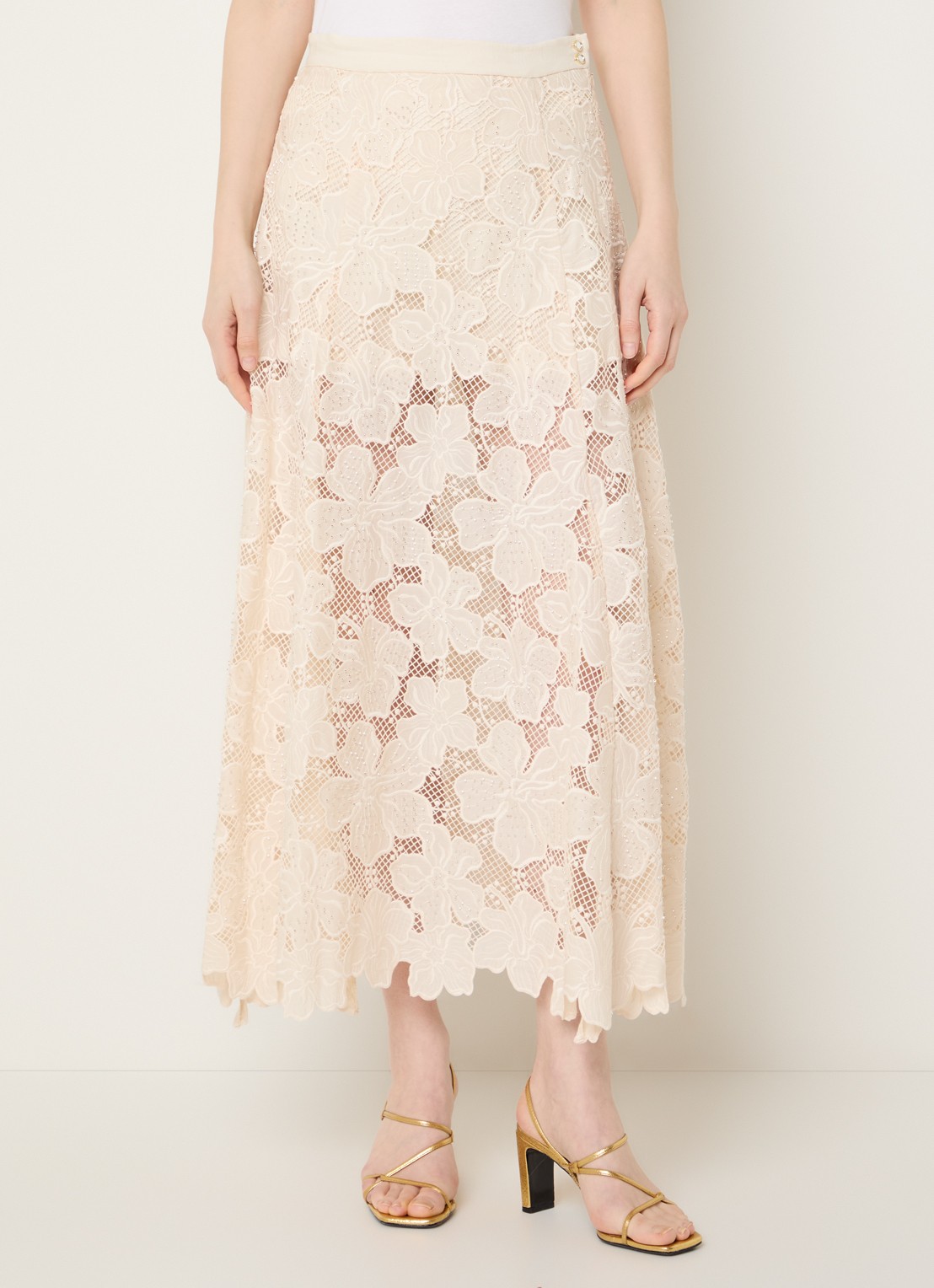 Sandro Semi-transparante midi rok van kant met kralendecoratie - detail 4 beige