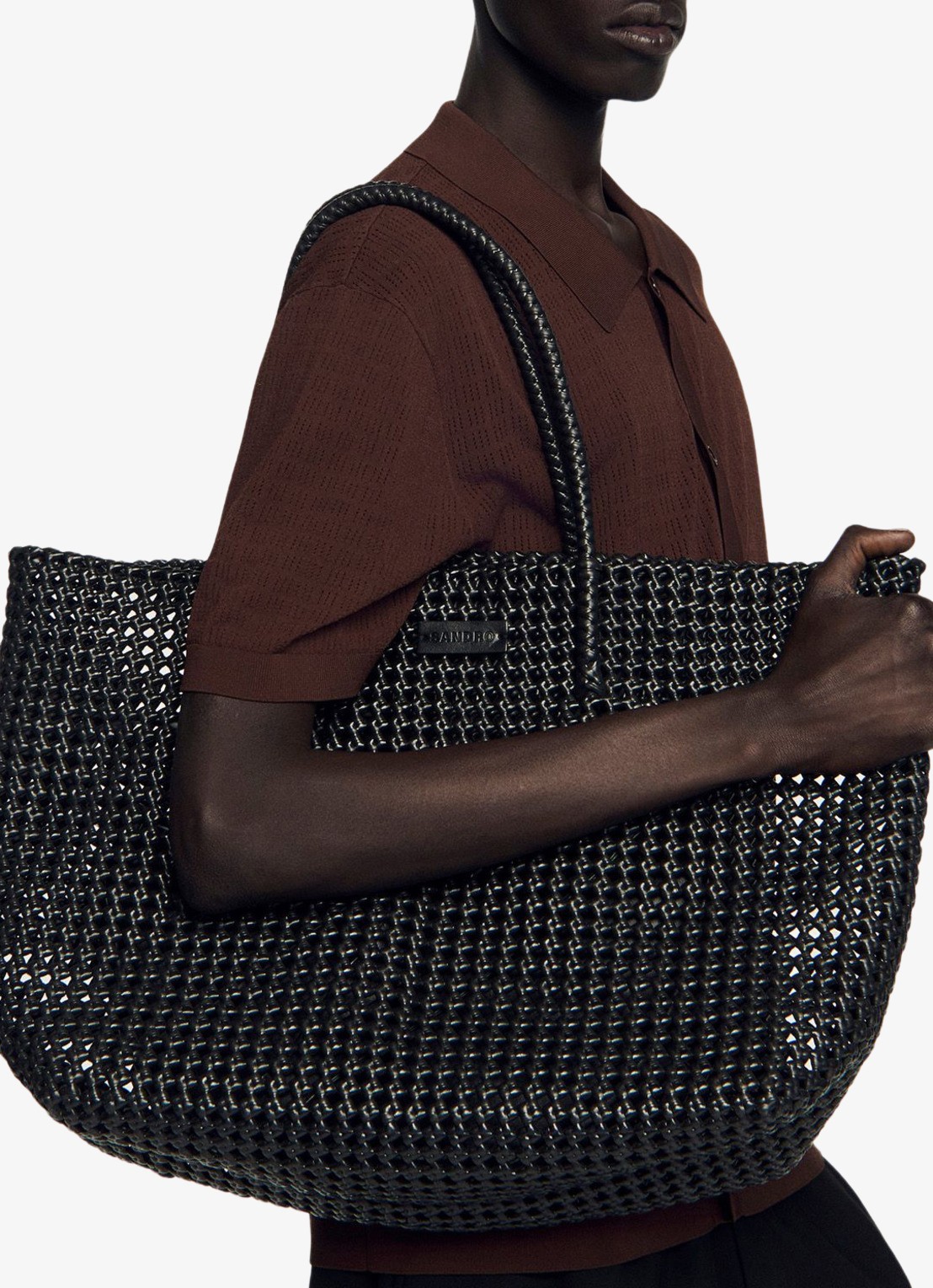 Sandro Shopper met gevlochten detail - voorkant 2 zwart