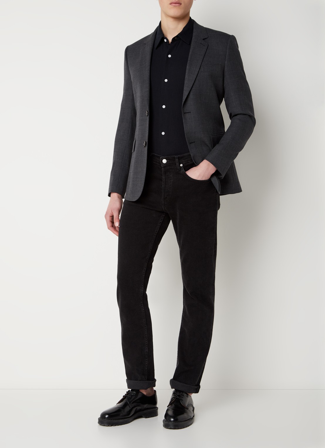 Sandro Slim fit colbert in wolblend met klepzakken - voorkant 2 donkergrijs