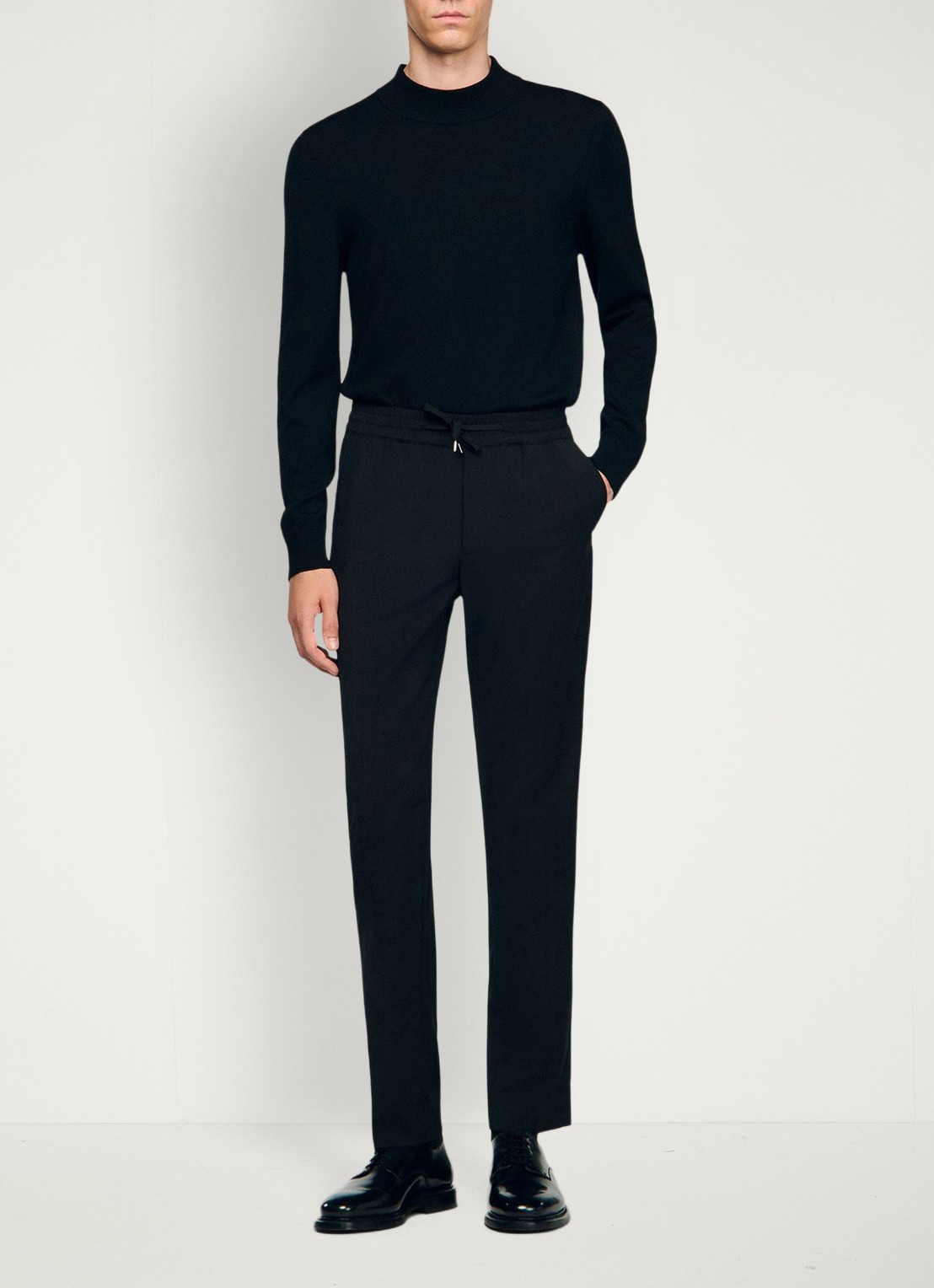 Sandro Slim fit pantalon in wolblend met elastische band - voorkant 5 black / zwart
