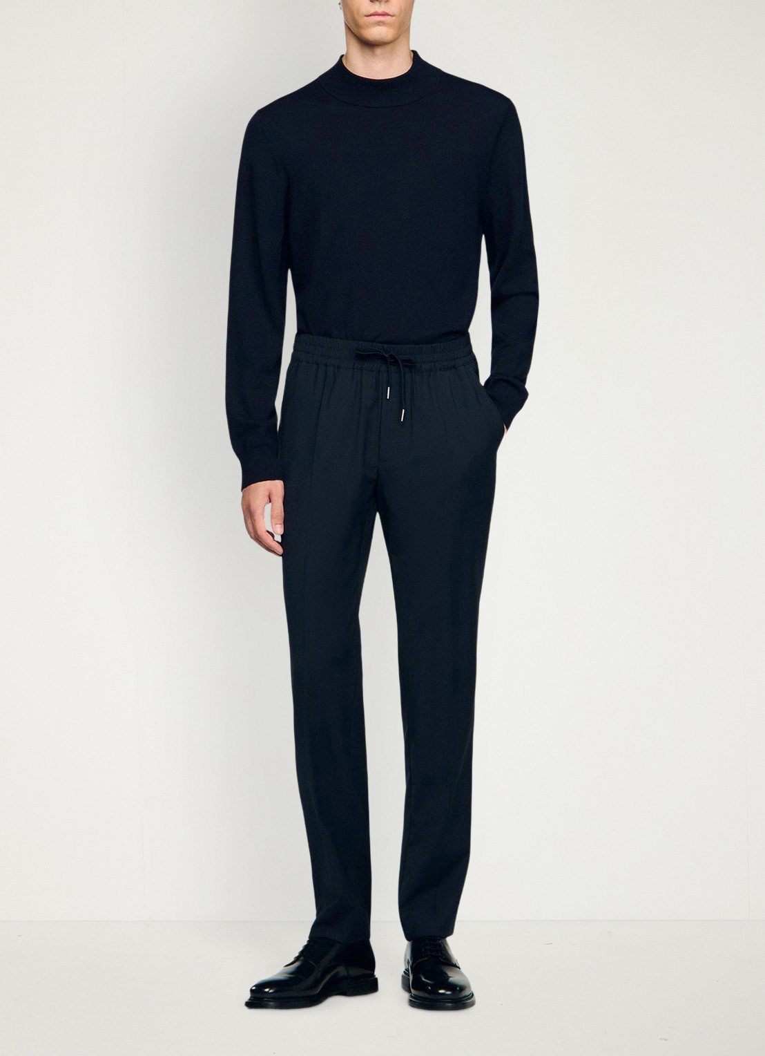 Sandro Slim fit pantalon in wolblend met elastische band - voorkant 6 navy blue / blauw