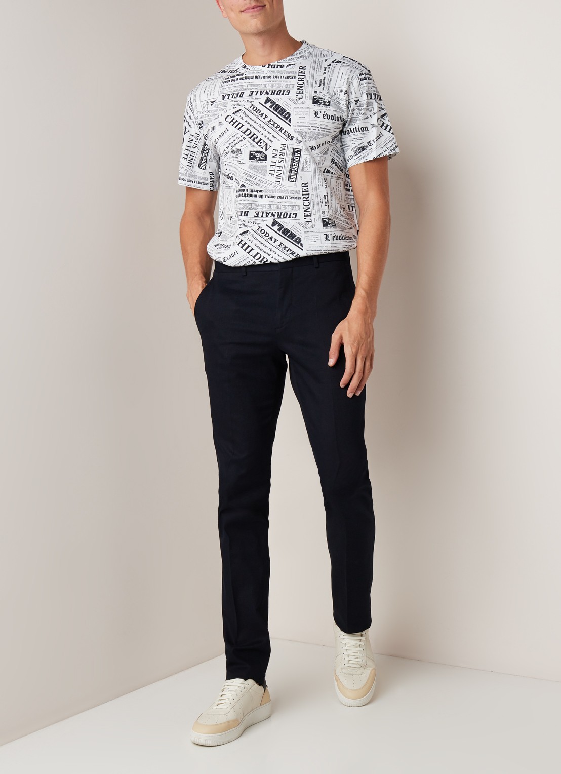 Sandro Slim fit pantalon van katoen met persplooi - voorkant 2 donkerblauw