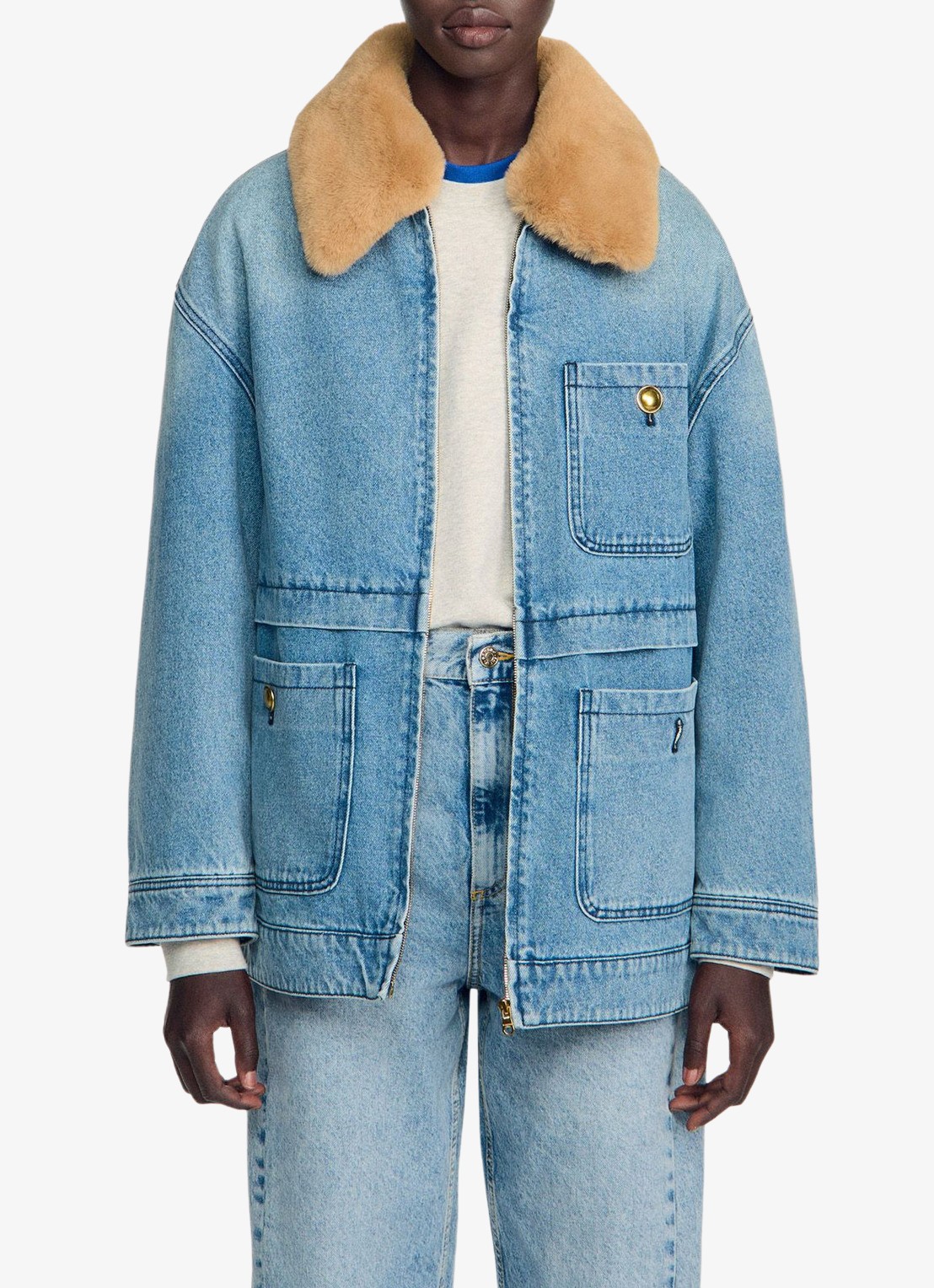 Sandro Spijkerjas met imitatiebontkraag - detail 4 denim