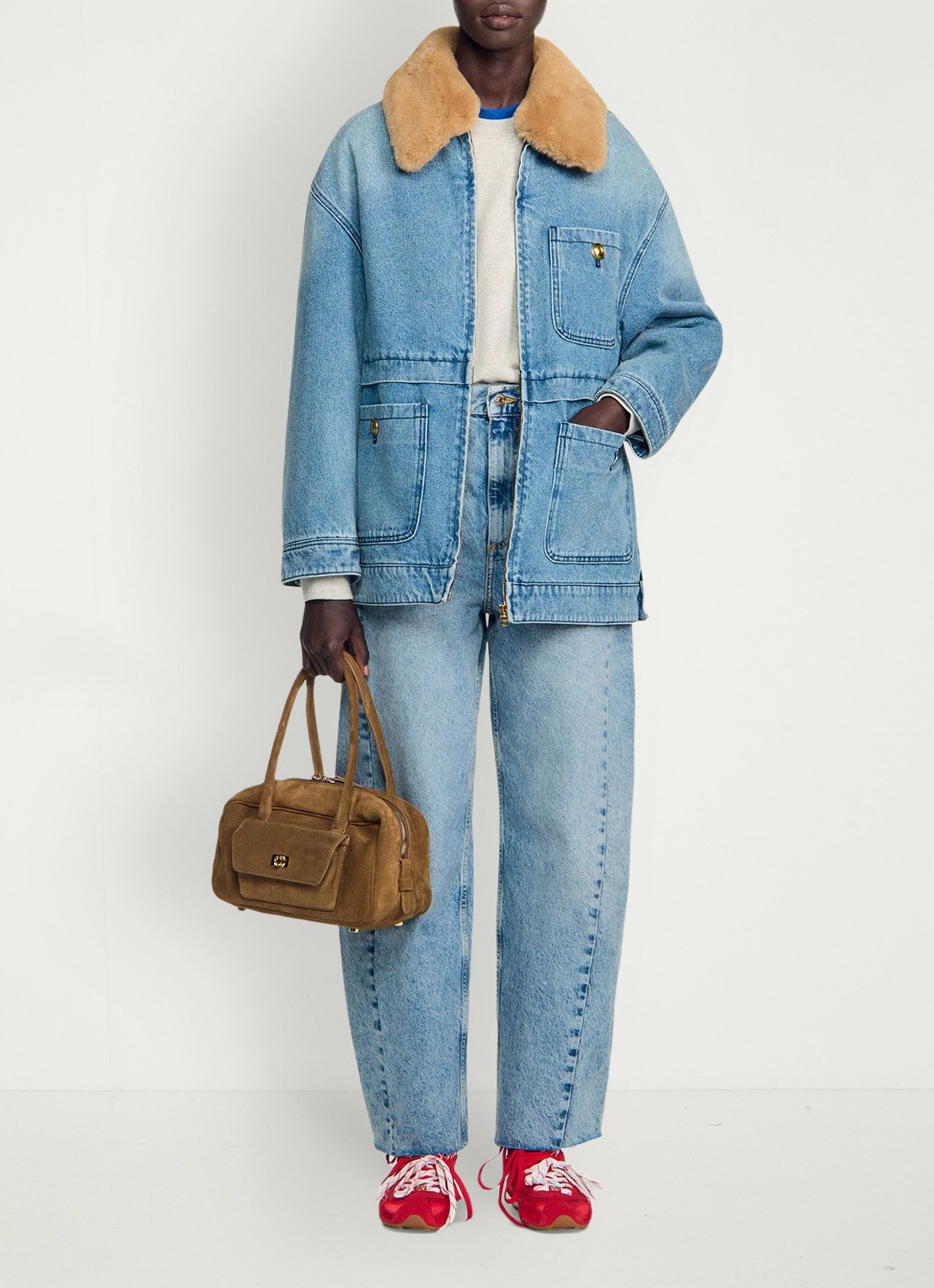 Sandro Spijkerjas met imitatiebontkraag - detail 5 denim