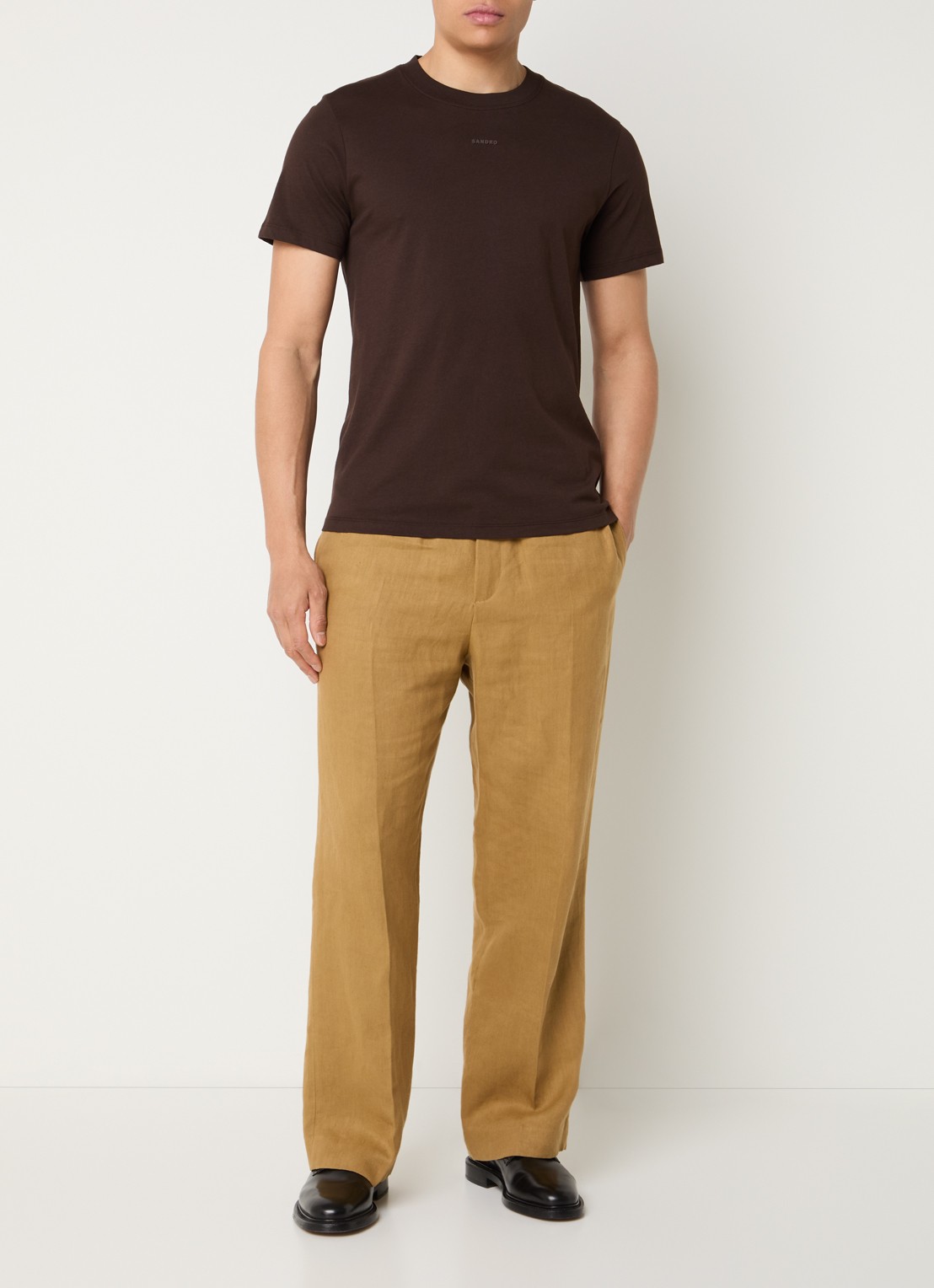 Sandro Straight fit pantalon van linnen met steekzakken - voorkant 3 mosterd