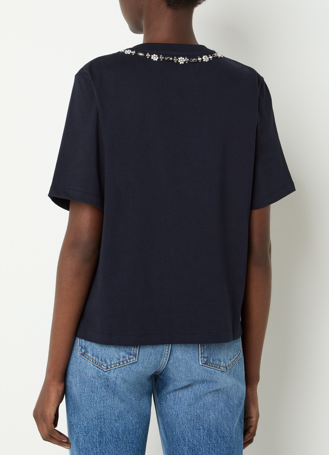 Sandro T-shirt met cut-out detail en strass - achterkant donkerblauw