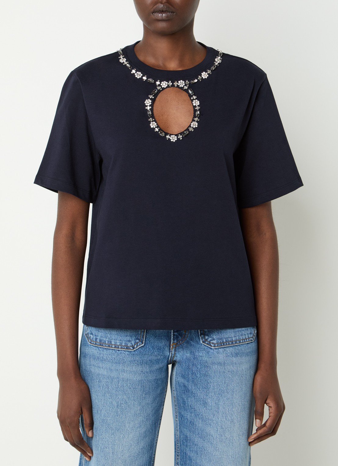 Sandro T-shirt met cut-out detail en strass - detail 4 donkerblauw