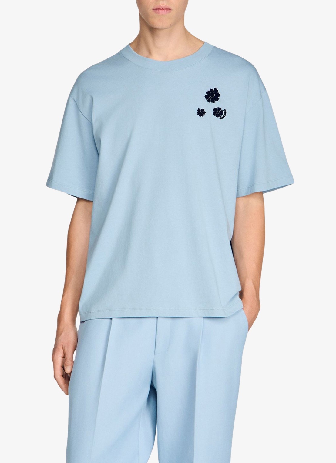 Sandro T-shirt van katoen met bloemenprint - detail 2 sky blue / lichtblauw