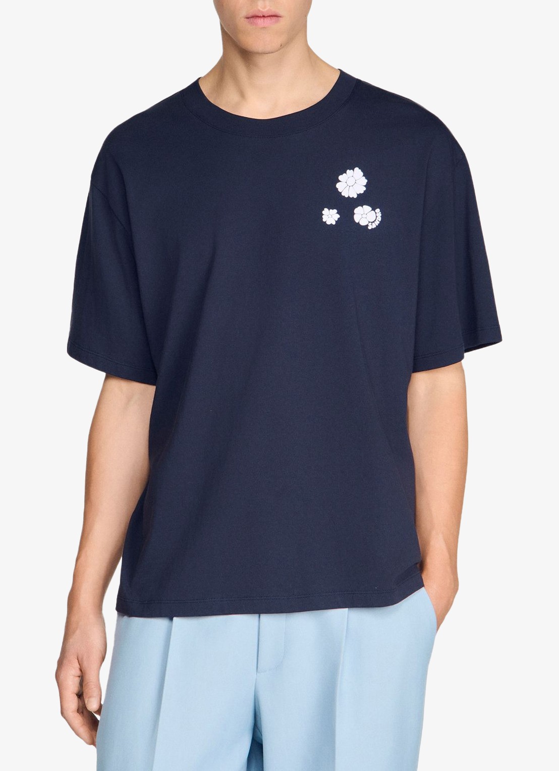 Sandro T-shirt van katoen met bloemenprint - detail navy blue / blauw