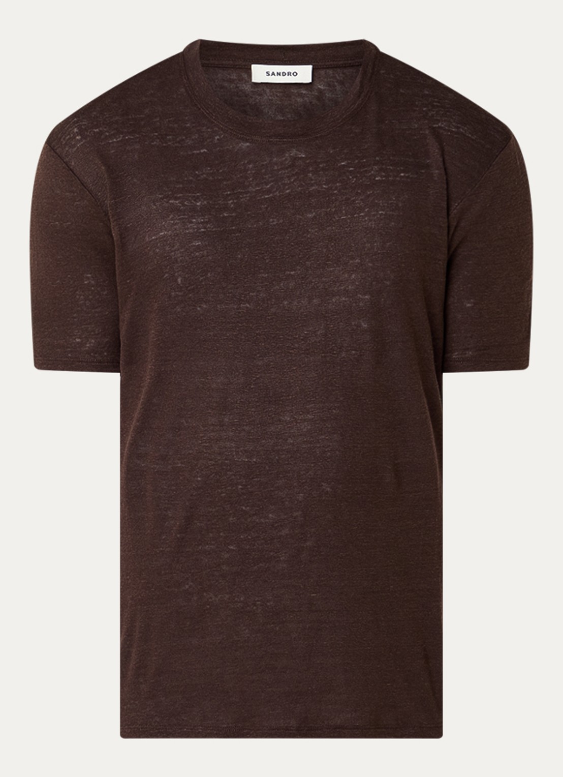 Sandro T-shirt van linnen met ronde hals - voorkant donkerbruin
