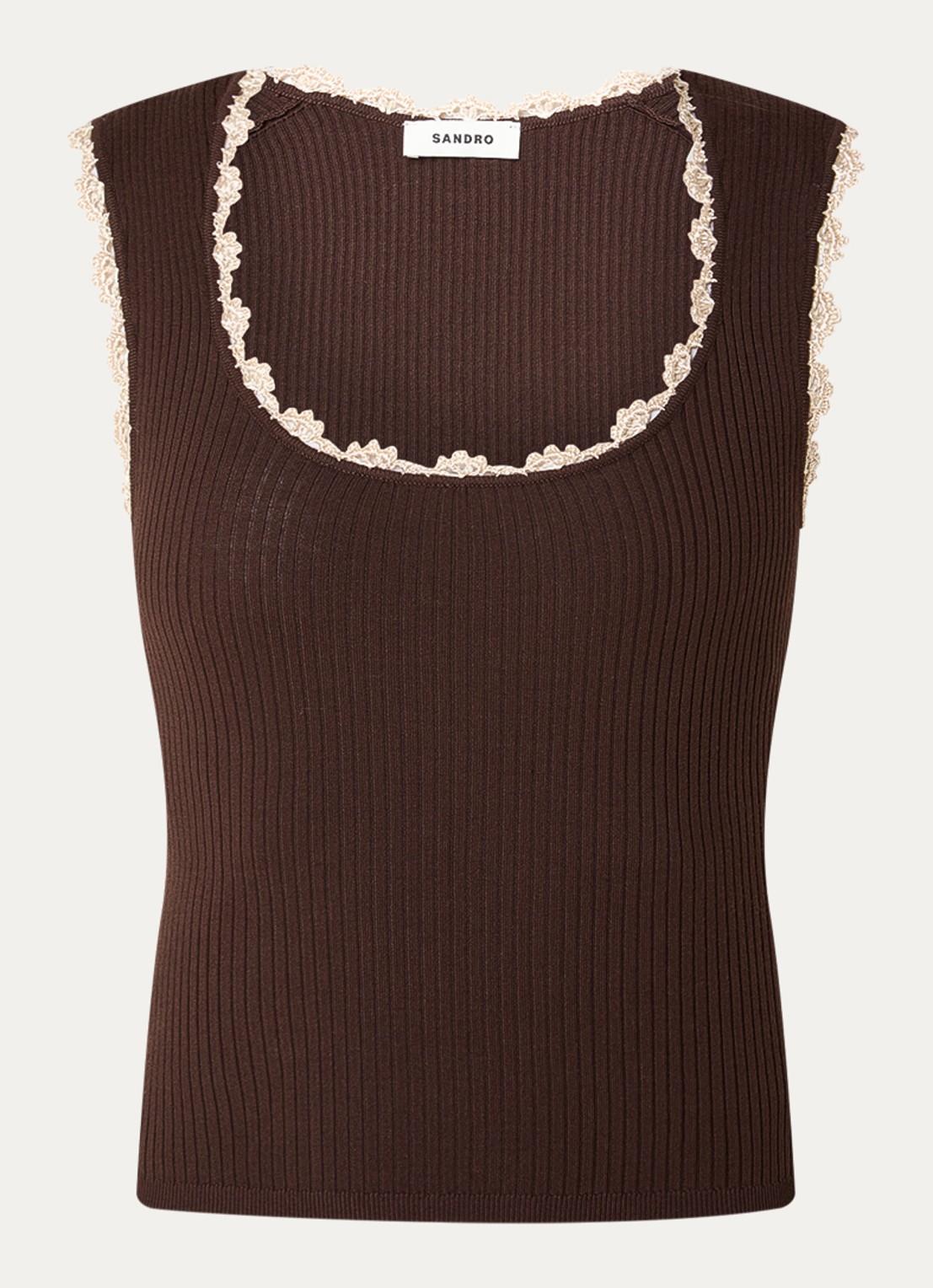 Sandro Tanktop met borduring en ribstructuur - voorkant bruin
