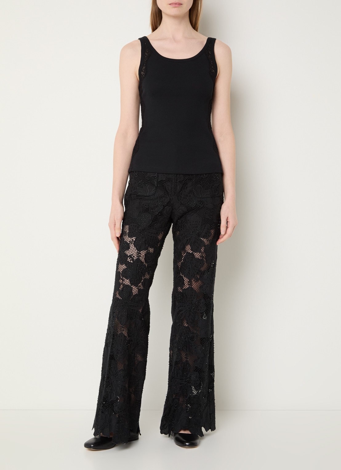 Sandro Tanktop met broderie en ribstructuur - voorkant 2 zwart