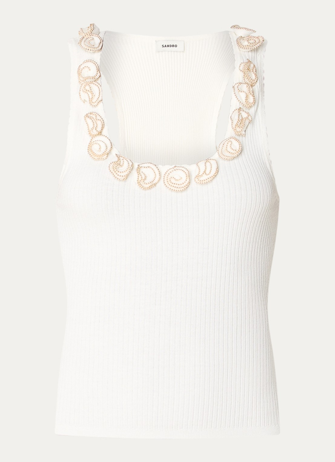 Sandro Tanktop met ribstructuur en strass - voorkant 3 gebroken wit
