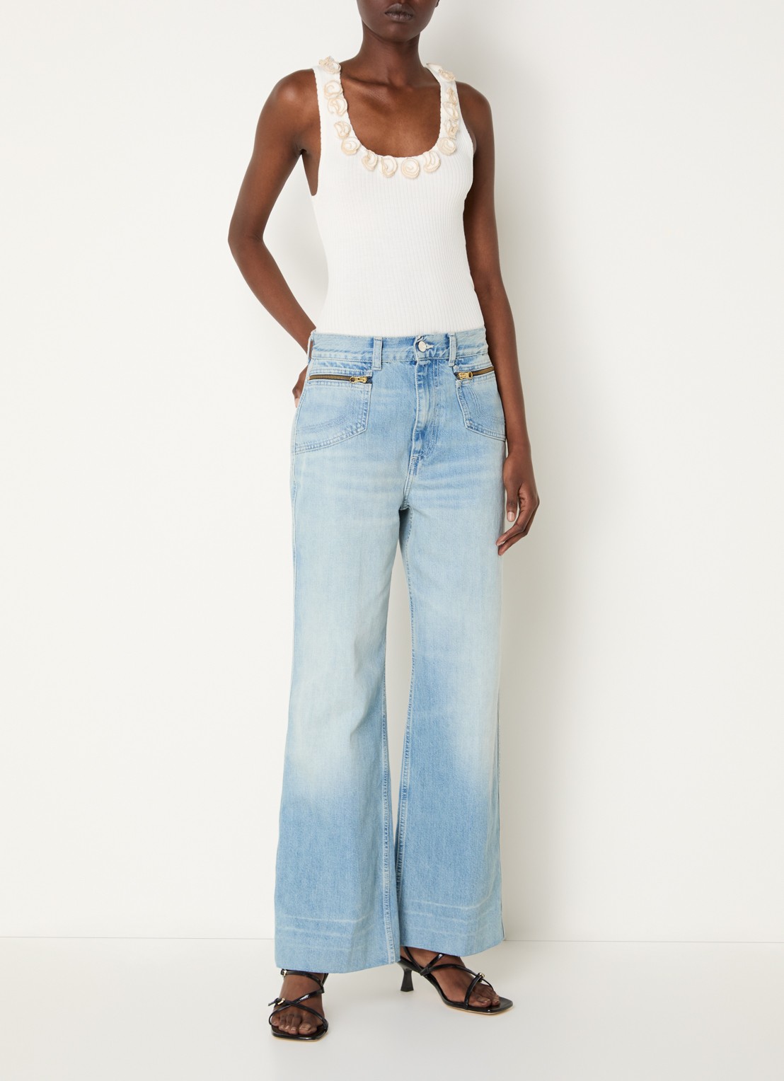 Sandro Tanktop met ribstructuur en strass - voorkant 4 gebroken wit