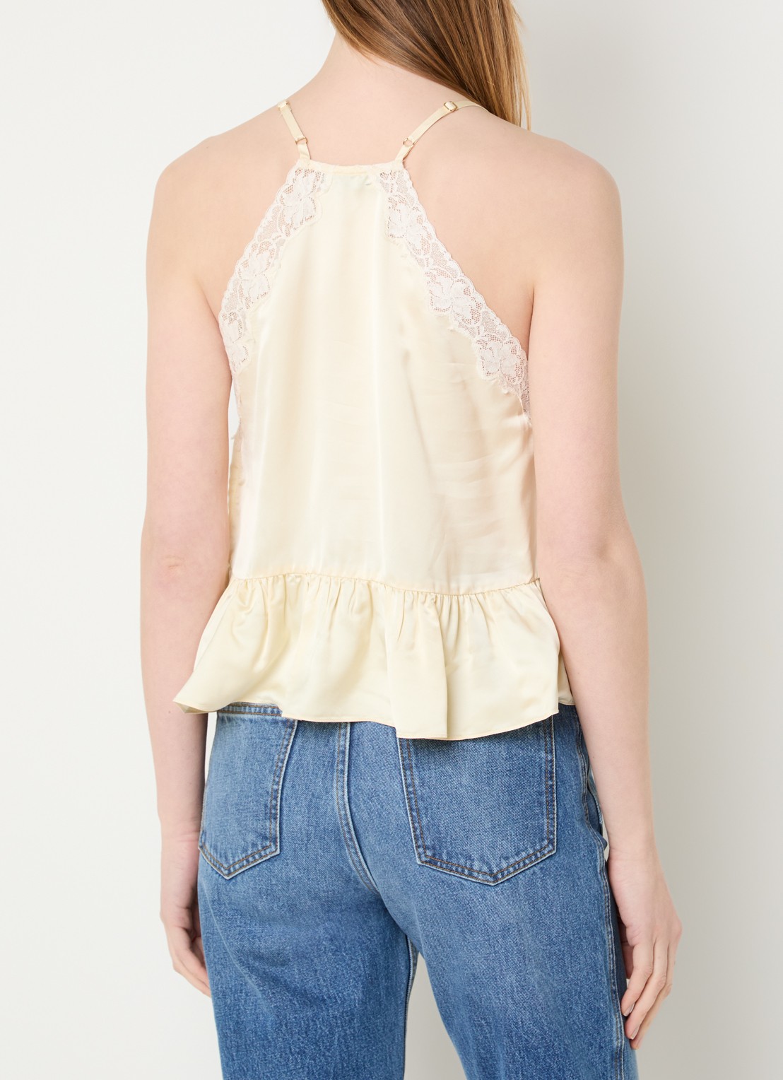 Sandro Tanktop van satijn met details van kant - achterkant 4 vanillegeel