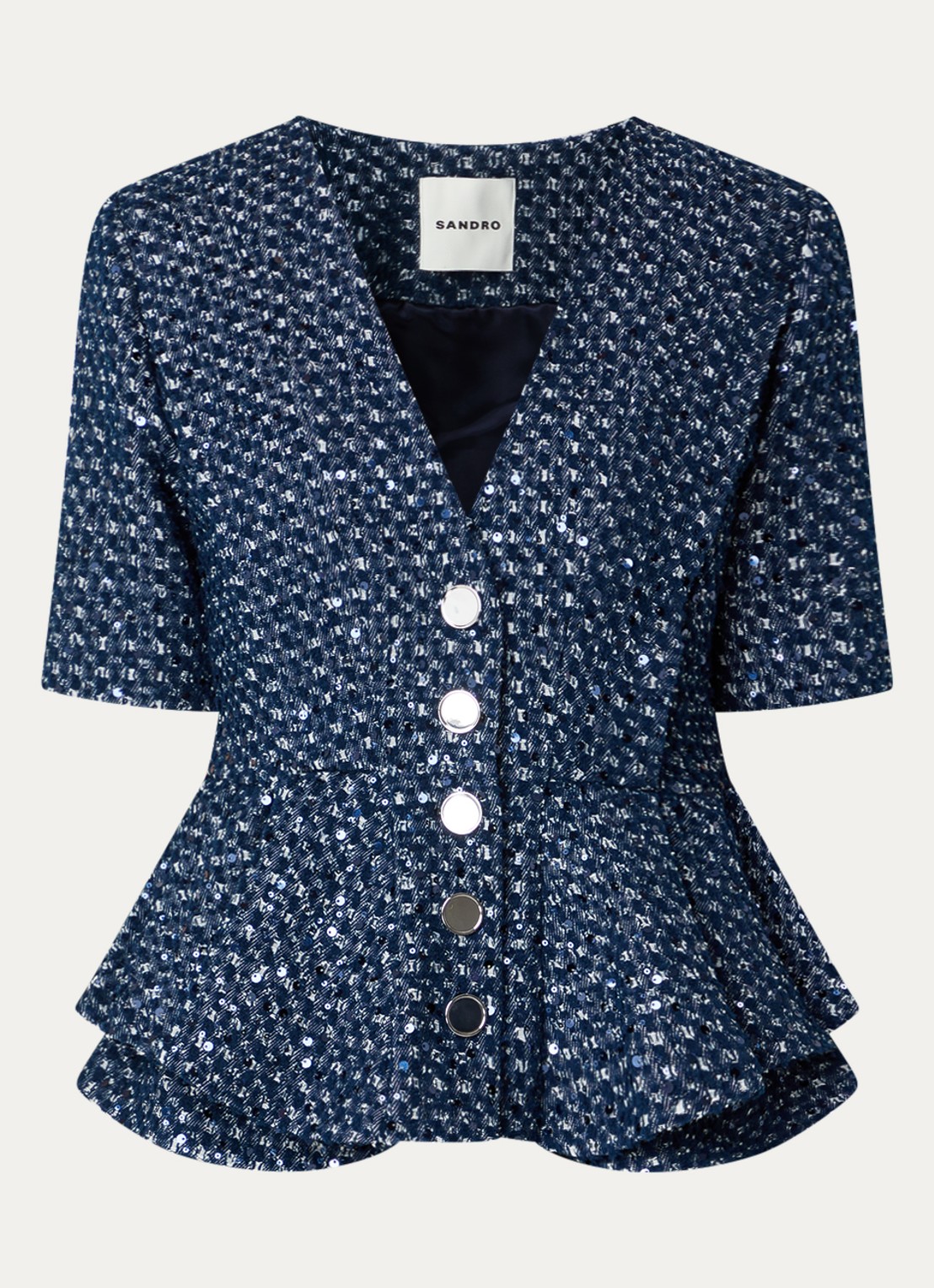 Sandro Top met pailletten en peplum - voorkant 3 indigo