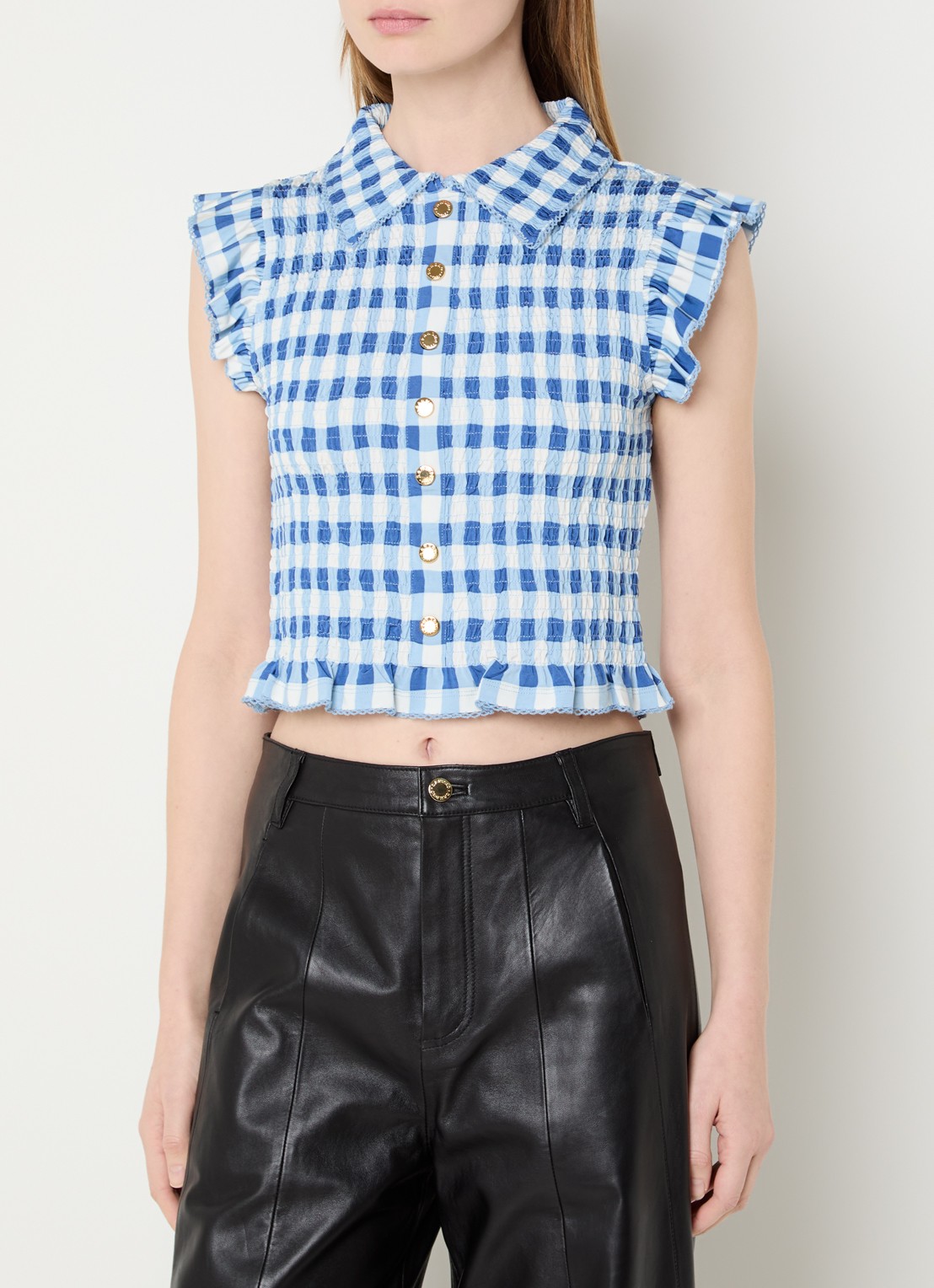 Sandro Top met sierknopen en smockwerk - detail 3 blauw