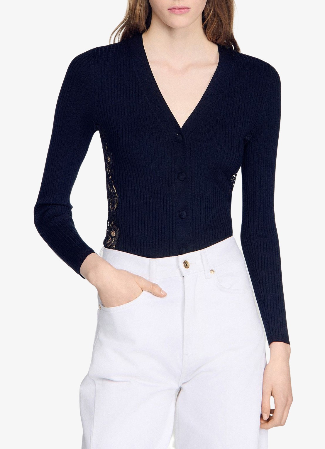 Sandro Vest met V-hals en details van kant - detail black / zwart