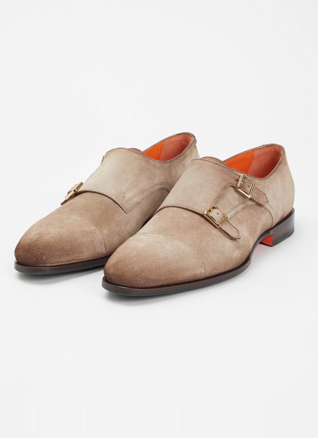 Santoni Axel Double Monk gespschoen van suède - detail 2 donkerbeige
