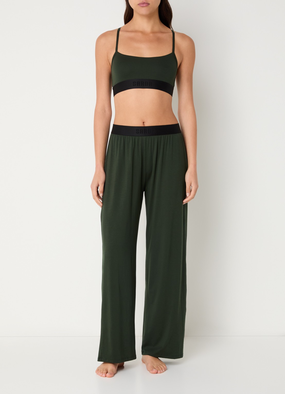 Sarda Eliza high waist straight fit joggingbroek met logoband - voorkant 3 legergroen