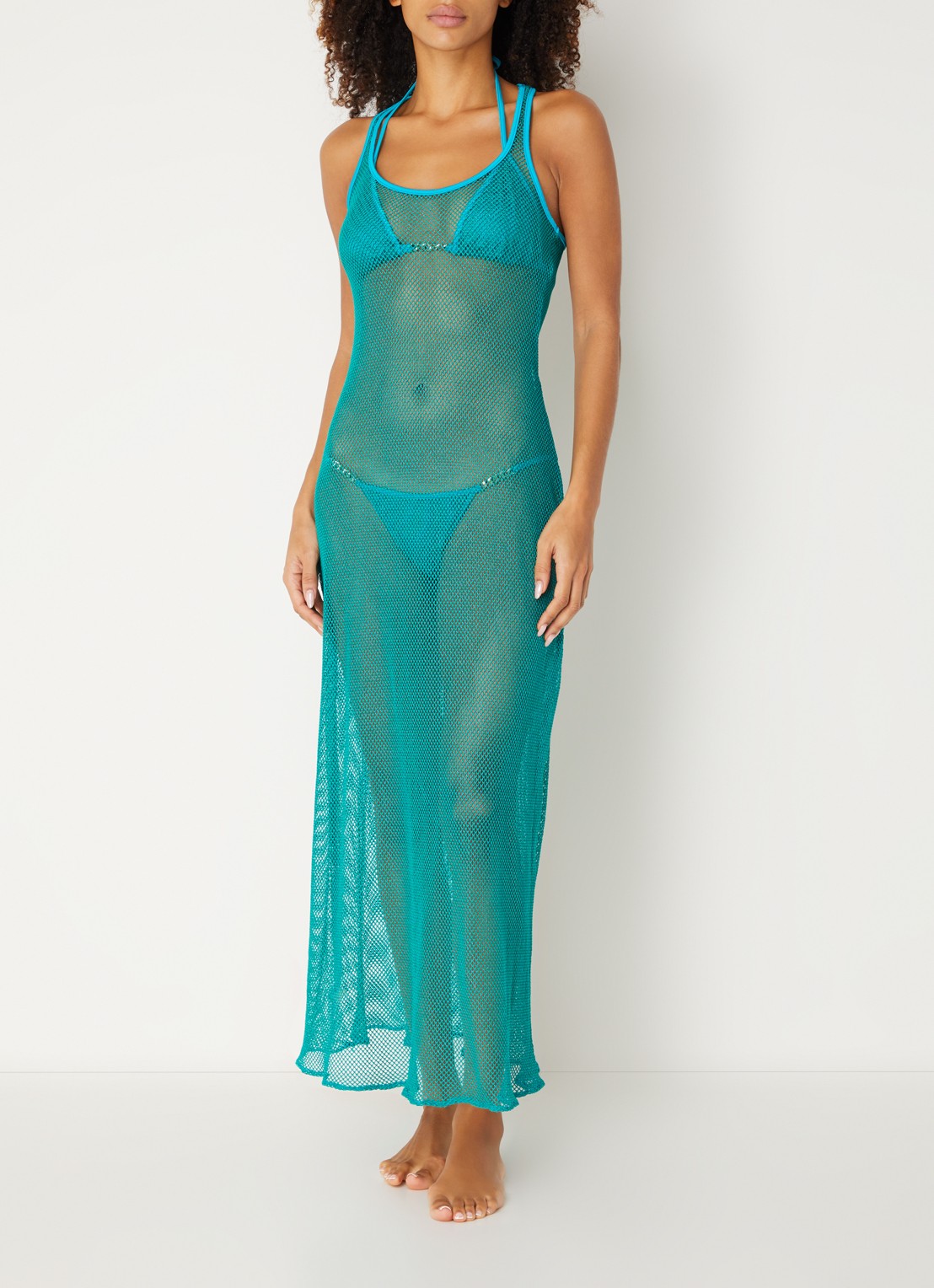 Sarda Janja maxi strandjurk met opengewerkt dessin en lurex - detail turquoise
