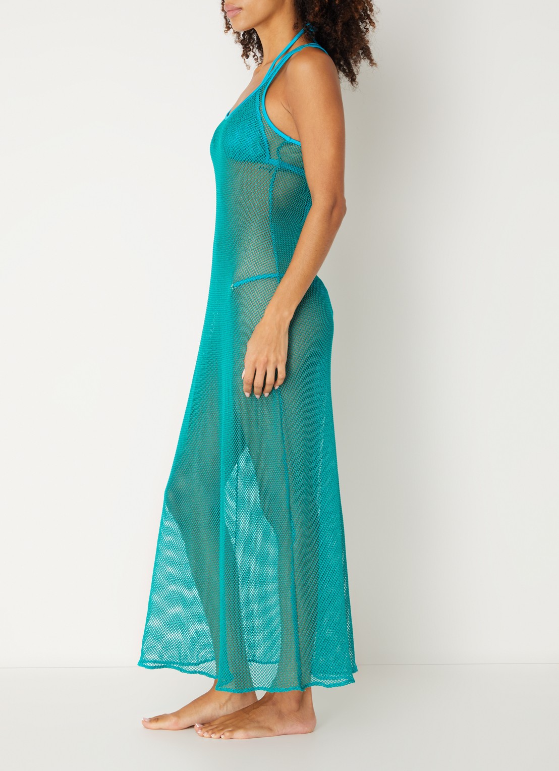 Sarda Janja maxi strandjurk met opengewerkt dessin en lurex - voorkant 4 turquoise