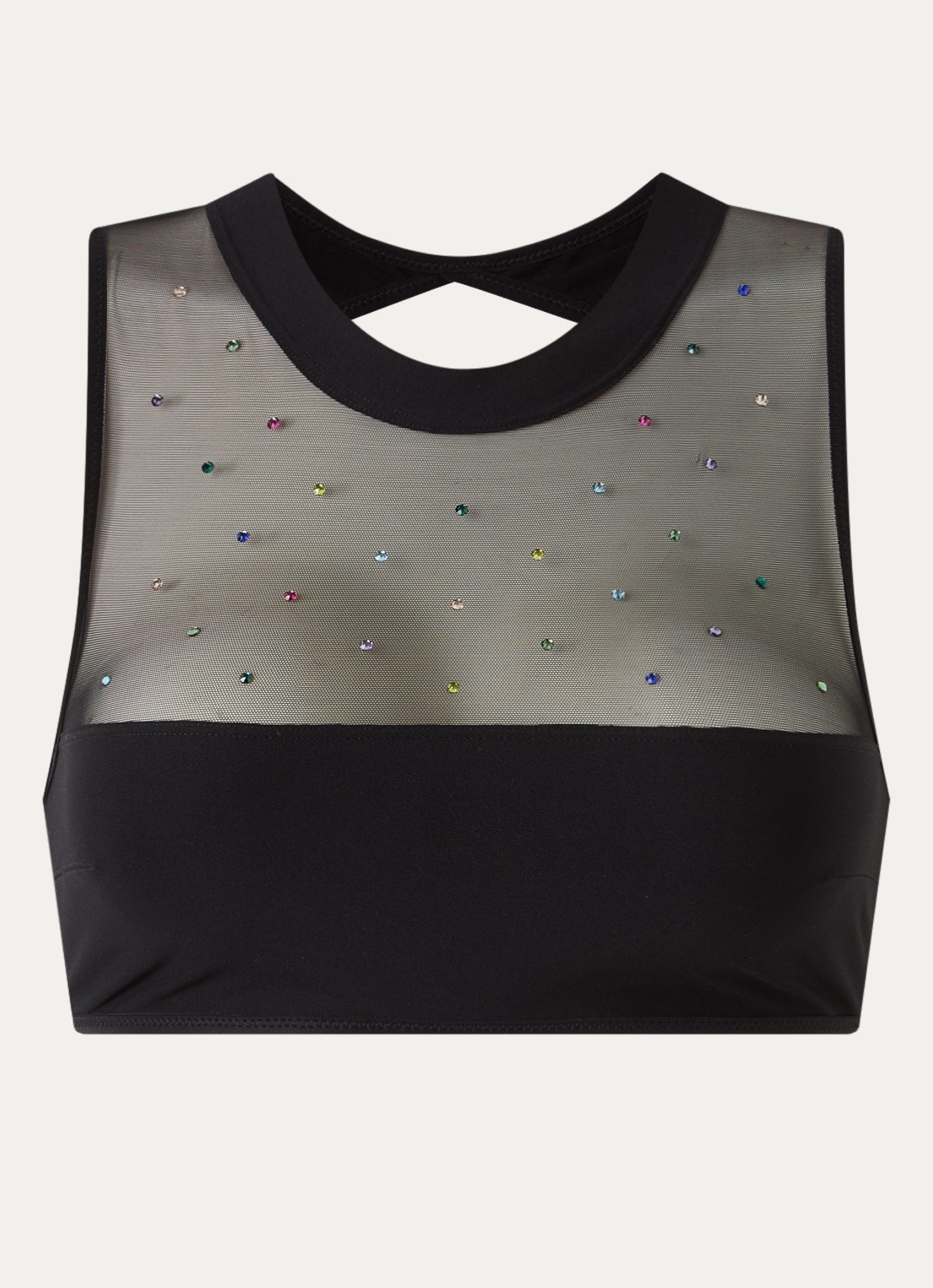 Sarda Rojas semi-transparante crop top met strass en details van mesh - voorkant 4 zwart