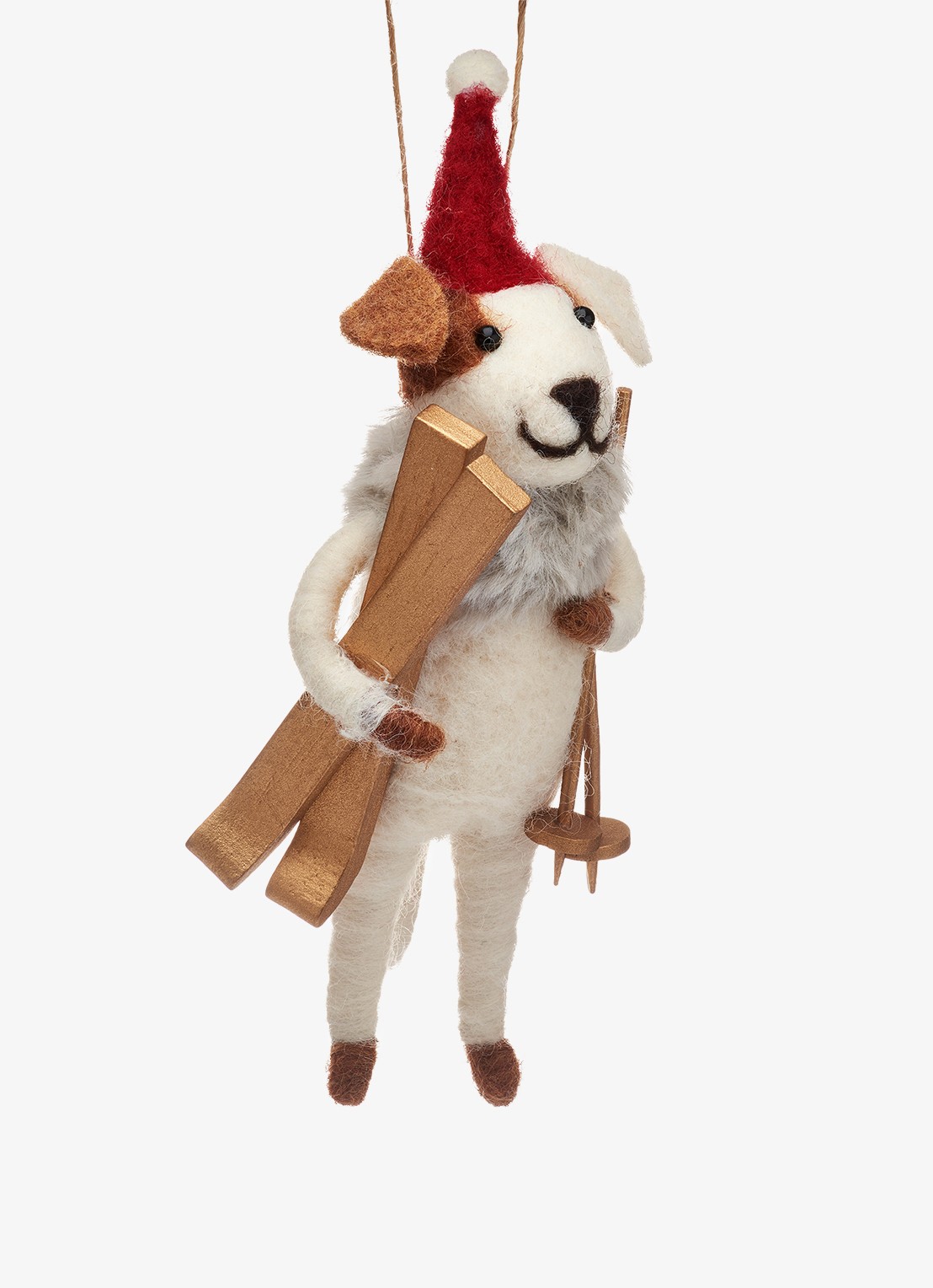 Sass & Belle Hond met Ski's kersthanger 7 cm - voorkant gebroken wit