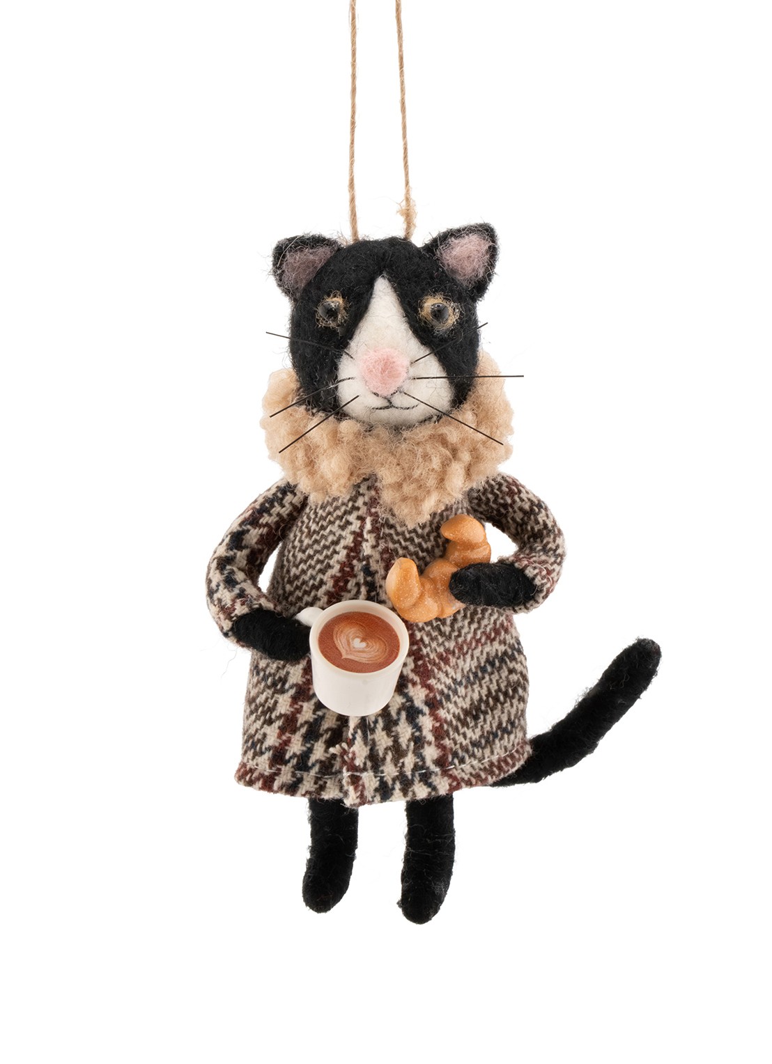 Sass & Belle Kat met Koffie kersthanger 13,5 cm - voorkant grijs