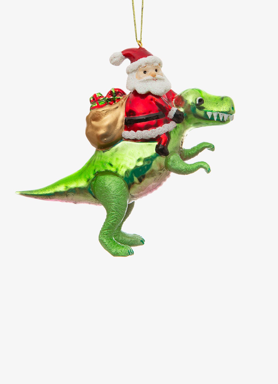 Sass & Belle Kerstman op een Dino kersthanger 10,5 cm - voorkant groen