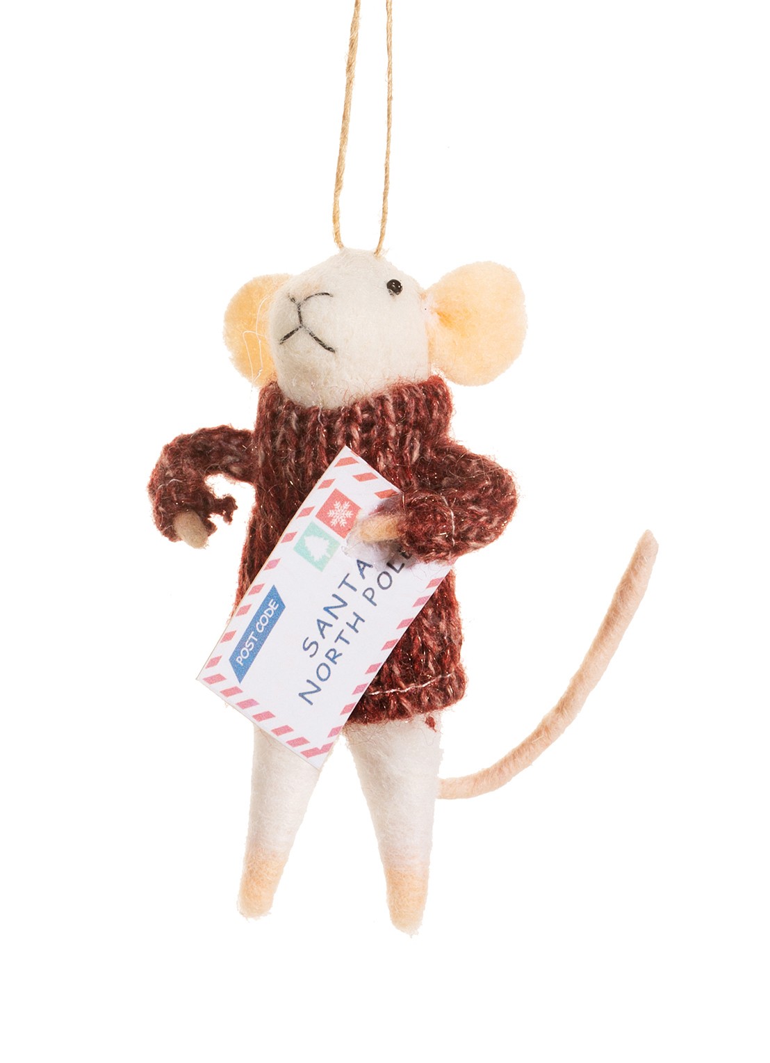 Sass & Belle Muis Met Brief kersthanger 12 cm - voorkant gebroken wit
