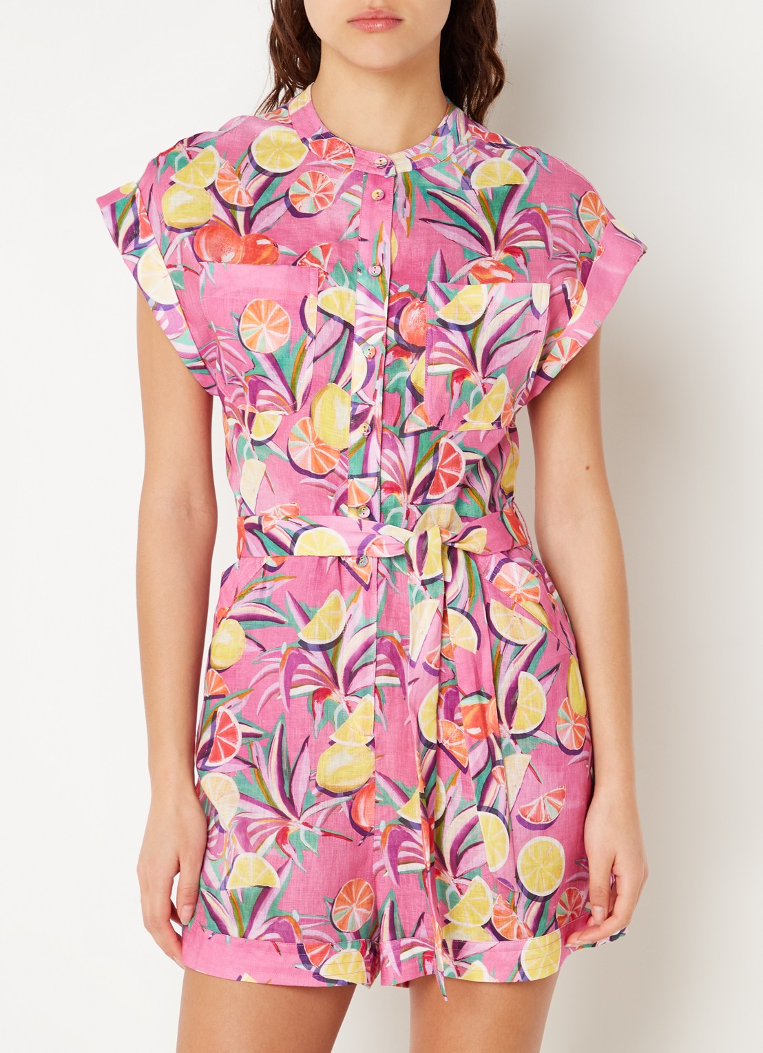 Scotch & Soda Loose fit jumpsuit van linnen met print - detail 2 roze