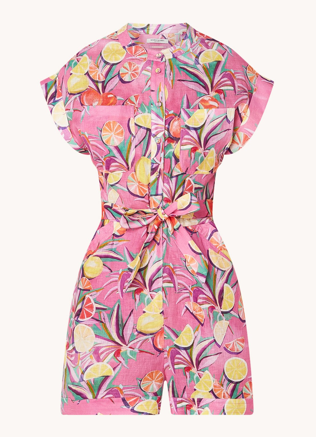 Scotch & Soda Loose fit jumpsuit van linnen met print - voorkant 3 roze