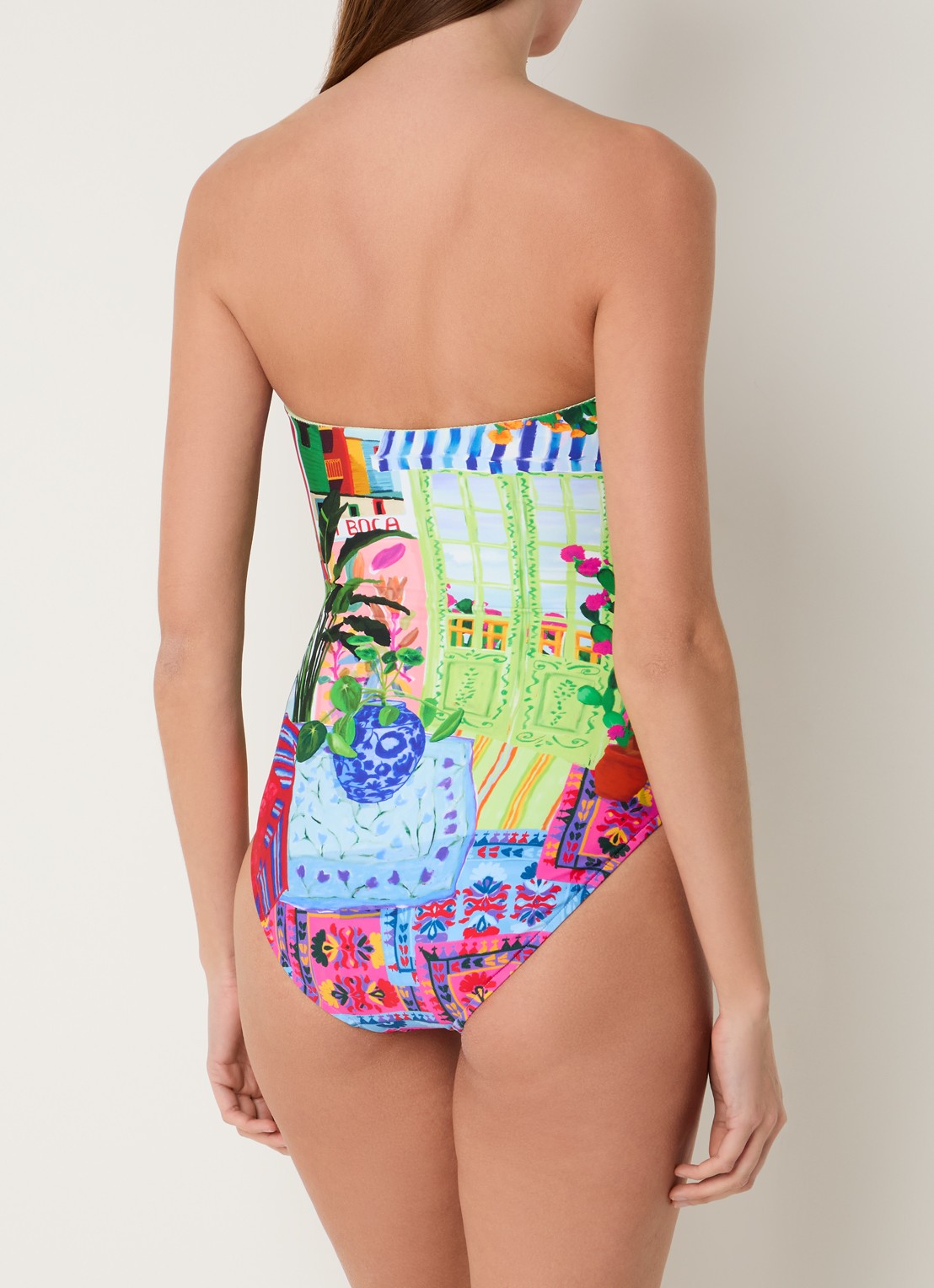 Seafolly Bandeau badpak met print en uitneembare vulling - achterkant blauw