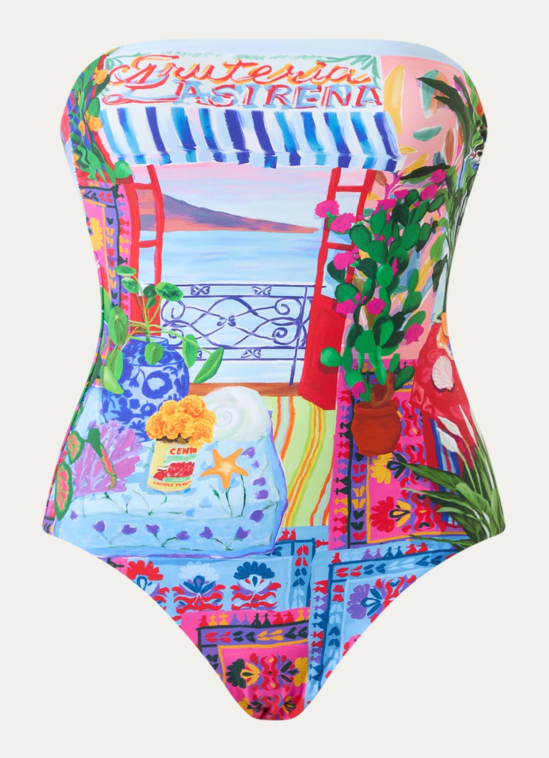 Seafolly Bandeau badpak met print en uitneembare vulling - voorkant 2 blauw