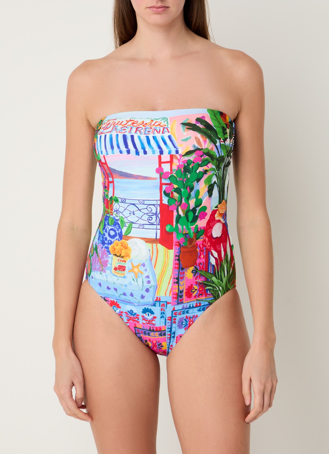 Seafolly Bandeau badpak met print en uitneembare vulling - voorkant 3 blauw