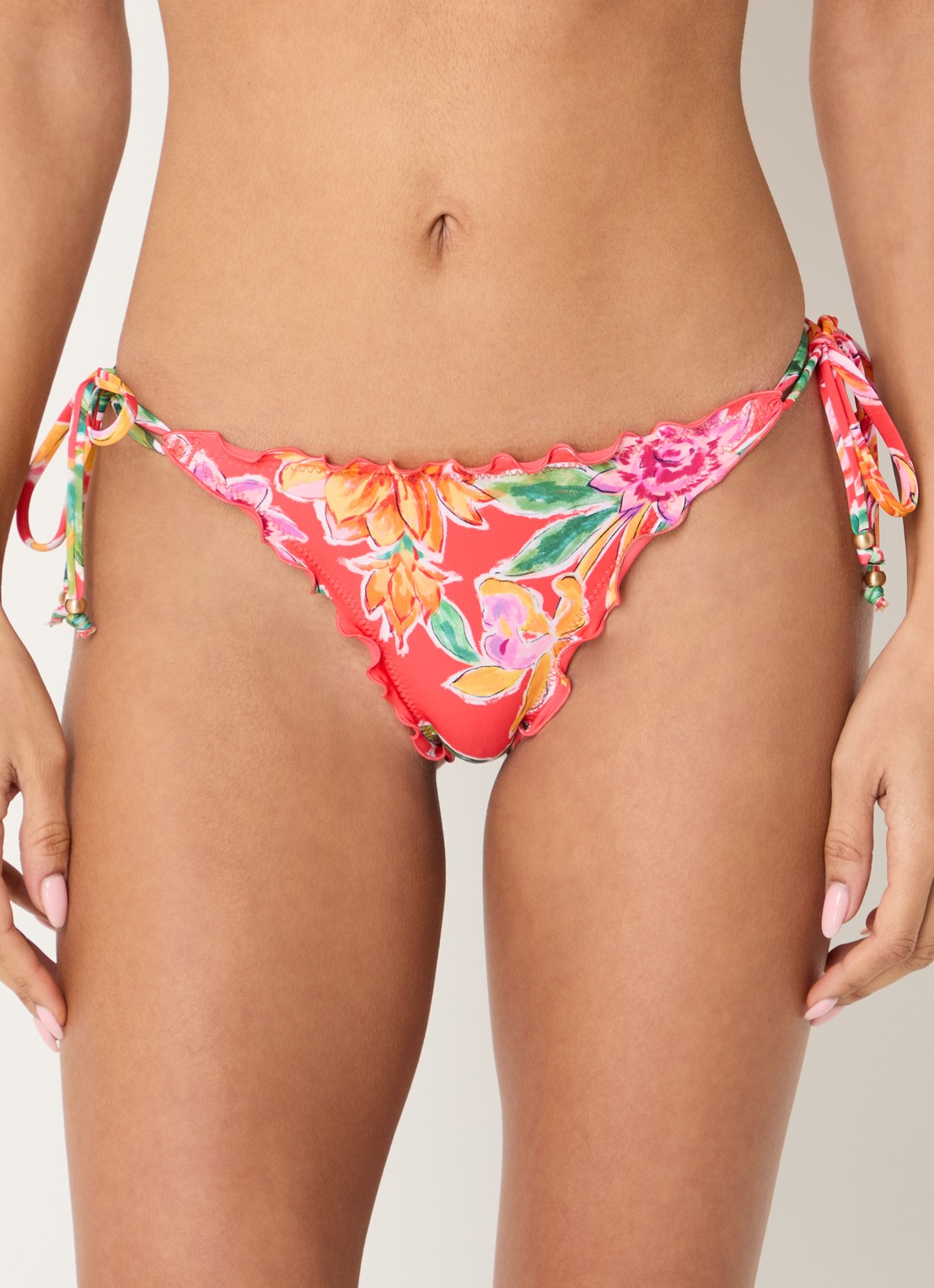 Seafolly Brazilian bikinislip met bloemenprint - voorkant 5 koraalrood