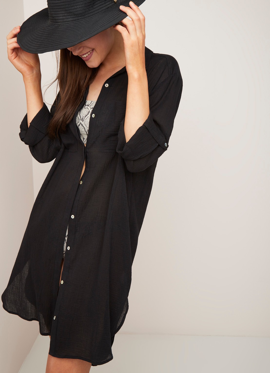 Seafolly Crinkle strandtuniek met verstelbare mouw - detail zwart