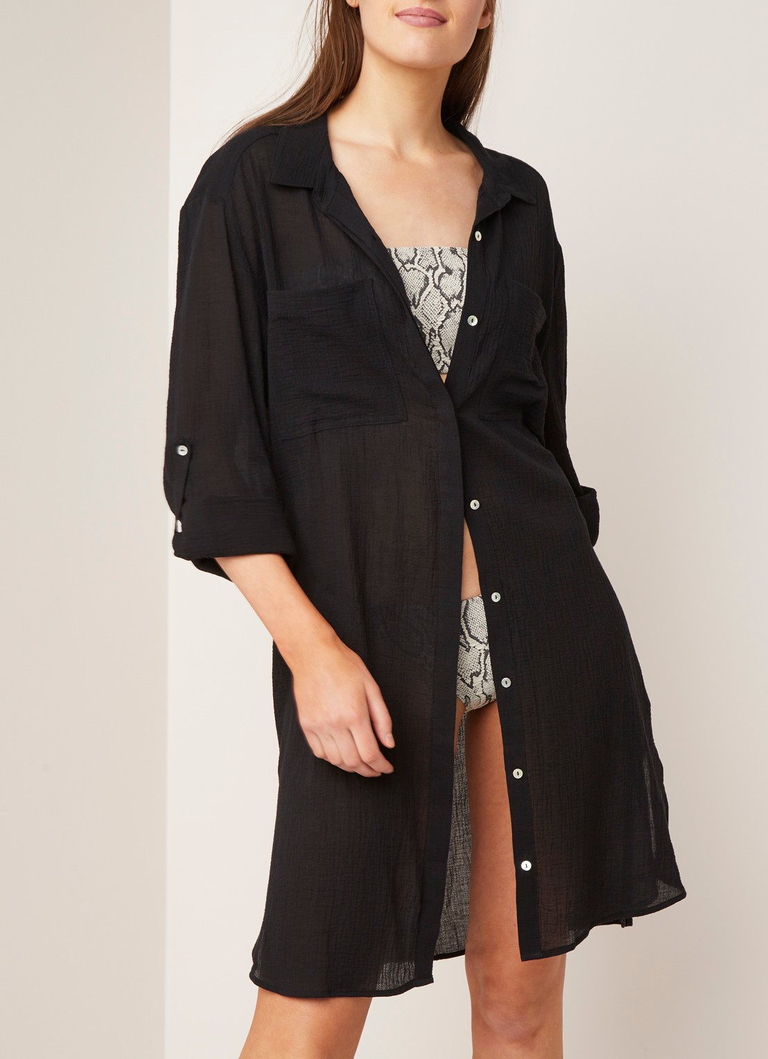 Seafolly Crinkle strandtuniek met verstelbare mouw - voorkant 4 zwart