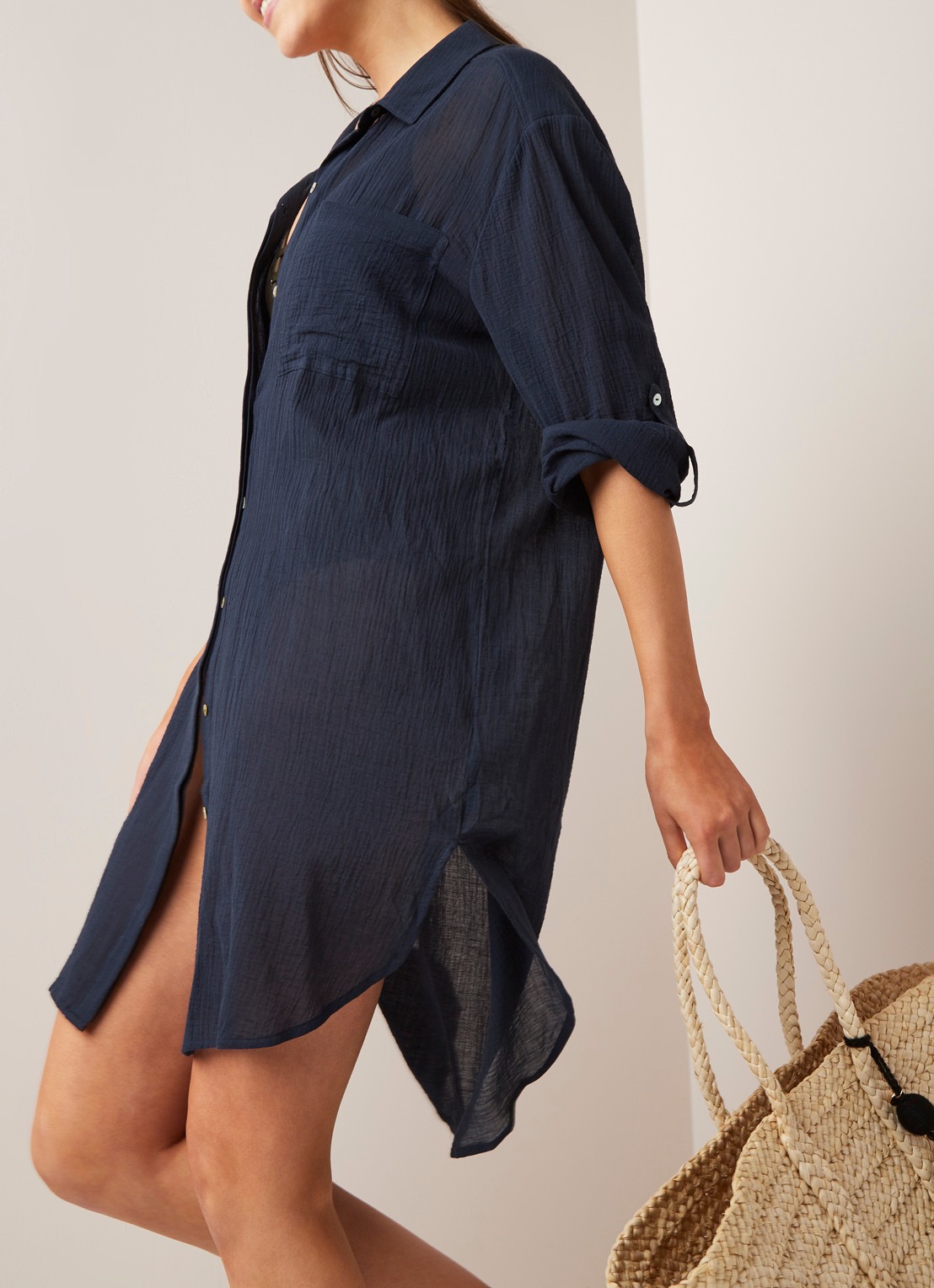 Seafolly Crinkle strandtuniek met verstelbare mouw - detail 3 donkerblauw