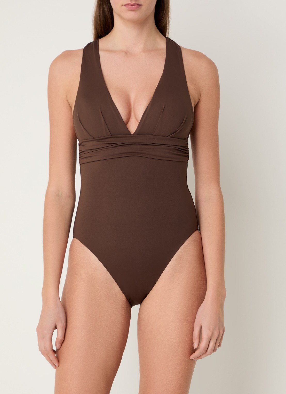Seafolly Cross Back plunge badpak met plooidetail - voorkant 3 bruin